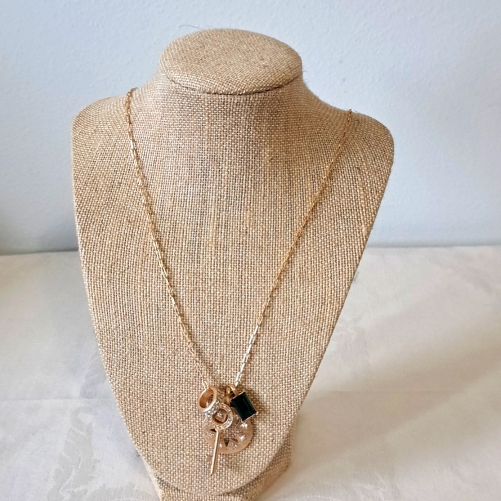 Jane Marie gold 28 inch chain necklace rhinestone green gem charms jewelry.